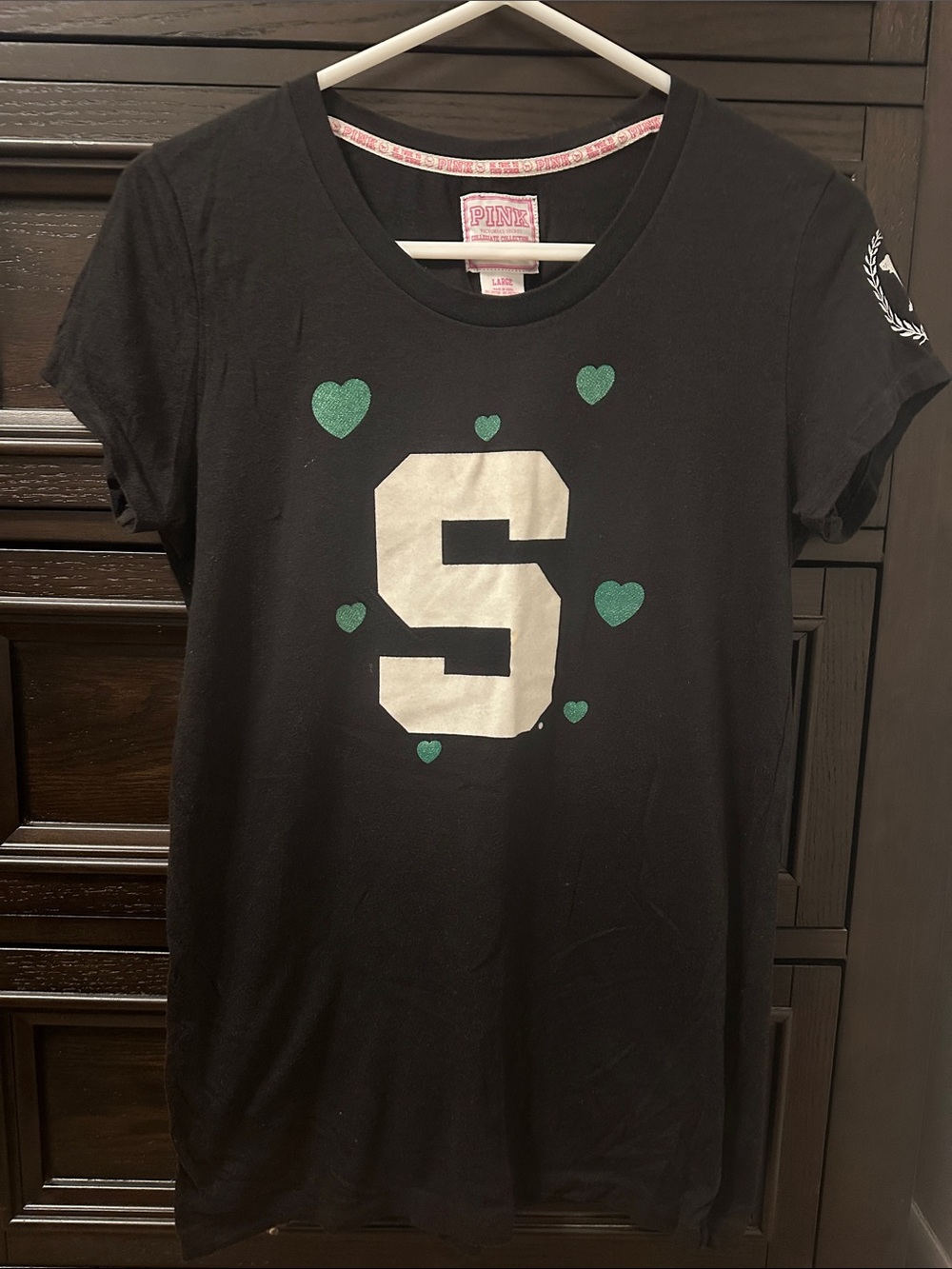 PINK Victoria's Secret Black Short Sleeve Tee with Block 'S' and Green Hearts